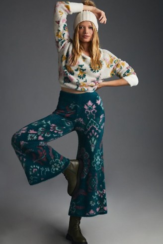 Daily Practice by Anthropologie Cosy Trousers in DARK TURQUOISE – textured crop leg kick flare pants – winter lounge fashion