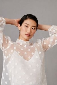 Flat White Sheer Polka-Dot Blouse – feminine spot print high neck blouses – back tie detail