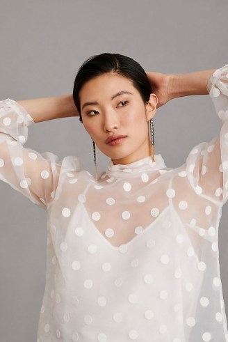 Flat White Sheer Polka-Dot Blouse – feminine spot print high neck blouses – back tie detail - flipped