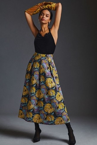 Eva Franco Printed Skirt Yellow Motif / floral textured midi skirts - flipped