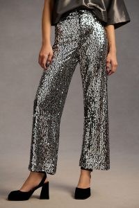 The Colette Cropped Wide-Leg Sequin Trousers in Silver / women’s sequinned evening fashion / shimmering party clothes