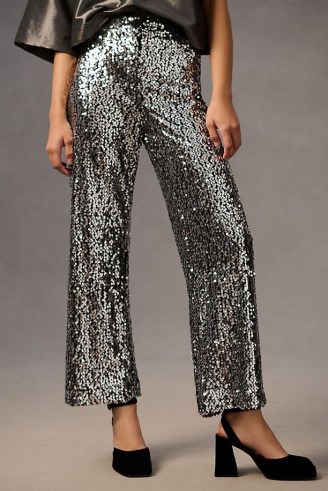 The Colette Cropped Wide-Leg Sequin Trousers in Silver / women’s sequinned evening fashion / shimmering party clothes - flipped