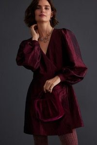 ANTHROPOLOGIE Ava Taffeta Wrap Dress in Red / balloon sleeve party dresses / jewel tone evening occasion fashion