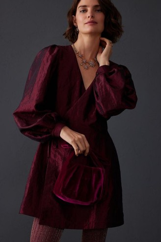 ANTHROPOLOGIE Ava Taffeta Wrap Dress in Red / balloon sleeve party dresses / jewel tone evening occasion fashion - flipped