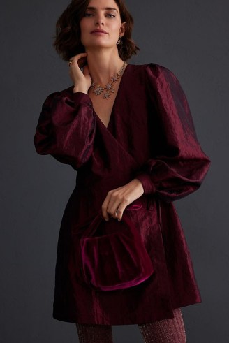 ANTHROPOLOGIE Ava Taffeta Wrap Dress in Red / balloon sleeve party dresses / jewel tone evening occasion fashion