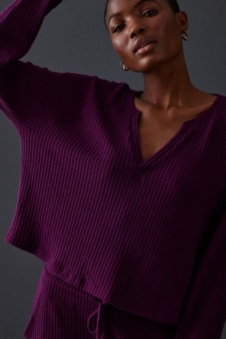 Beyond Yoga Free Style Pullover in Purple / boxy waffle knit lounge tops