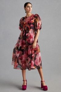 By Anthropologie Puff-Sleeve Organza Midi Dress Pink Combo | floral tiered open back dresses | party fashion