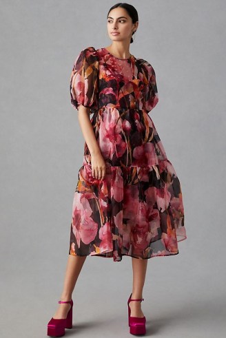 By Anthropologie Puff-Sleeve Organza Midi Dress Pink Combo | floral tiered open back dresses | party fashion - flipped