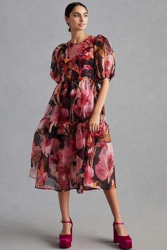 By Anthropologie Puff-Sleeve Organza Midi Dress Pink Combo | floral tiered open back dresses | party fashion
