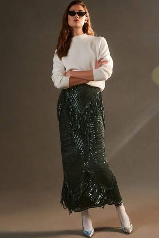 Eva Franco Slim Sequin Maxi Skirt in Green | women’s long length sequinned skirts | fringed fashion - flipped