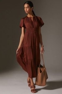 The Somerset Satin Maxi Dress in Brown ~ silky short sleeve tiered hem dresses ~ anthropologie dresses
