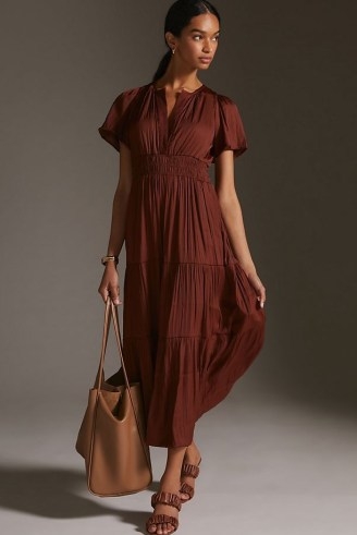 The Somerset Satin Maxi Dress in Brown ~ silky short sleeve tiered hem dresses ~ anthropologie dresses - flipped