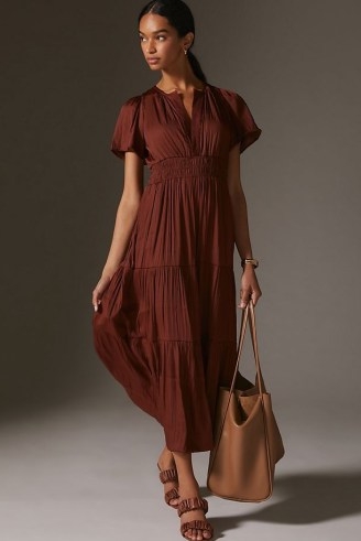 The Somerset Satin Maxi Dress in Brown ~ silky short sleeve tiered hem dresses ~ anthropologie dresses