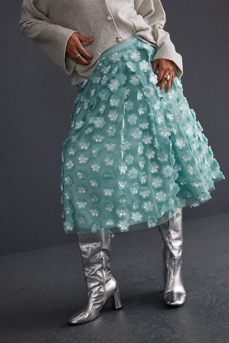 Eva Franco Tulle Petal Skirt in Mint / green flower applique fashion / sheer net overlay skirts