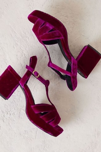 Esska Charlie Velvet Heeled Sandals in Pink | plush retro T-bar platforms - flipped
