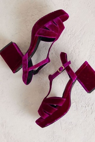 Esska Charlie Velvet Heeled Sandals in Pink | plush retro T-bar platforms