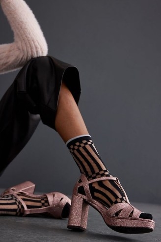 Esska Valerie Vegan Glitter Heels in Assorted | glittering pink T-bar platforms | sparkly retro look shoes - flipped
