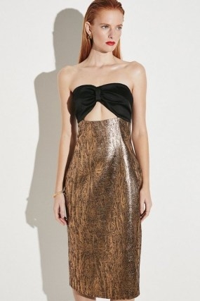 KAREN MILLEN Bandeau Jacquard Pencil Midi Dress in Gold / shiny cutout party dresses / cut out occasion clothes / strapless evening fashion - flipped