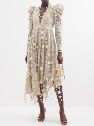 ZIMMERMANN Celestial Zodiac Star appliqué tulle dress in beige – semi sheer overlay occasion dresses – long gathered puffed sleeves – asymmetric hemline – matchesfashion – feminine event clothes - flipped