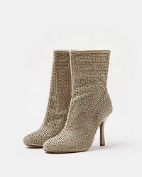 RIVER ISLAND BEIGE EMBELLISHED HEELED ANKLE BOOTS / studded round toe booties