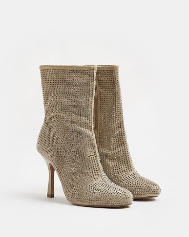 RIVER ISLAND BEIGE EMBELLISHED HEELED ANKLE BOOTS / studded round toe booties - flipped