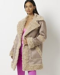 RIVER ISLAND BEIGE FAUX FUR TRIM COAT / fake fur trimmed coats
