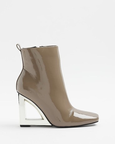 RIVER ISLAND BEIGE PATENT WEDGE HEELED ANKLE BOOTS / shiny clear wedged heel booties / women’s high shine faux leather footwear - flipped