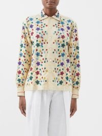 BODE Trailing Blossom beaded linen-blend shirt in beige / women’s vintage style floral bead embellished shirts / retro fashion