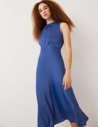 Boden Bias Cut Satin Dress Sea Blue ~ silky sleeveless empire waist midi dresses ~ fluid party fashion