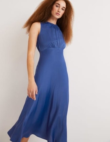 Boden Bias Cut Satin Dress Sea Blue ~ silky sleeveless empire waist midi dresses ~ fluid party fashion - flipped