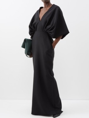 THE ROW Abinhav V-neck gathered wool-blend dress in black | deep plunge neckline maxi dresses | wide gathered sleeved evening event gown | elegant occasion gowns | minimalist fashion - flipped