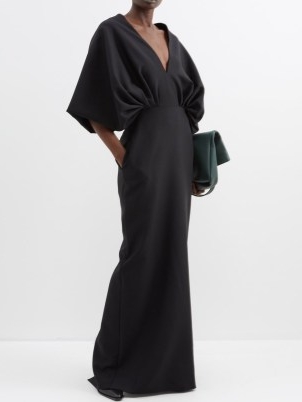 THE ROW Abinhav V-neck gathered wool-blend dress in black | deep plunge neckline maxi dresses | wide gathered sleeved evening event gown | elegant occasion gowns | minimalist fashion