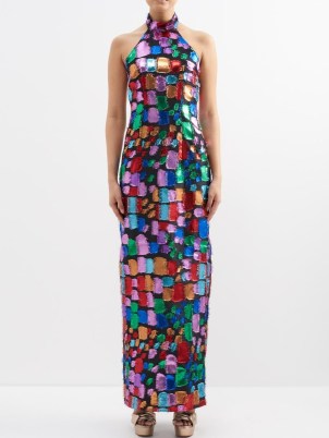 TALLER MARMO Altea metallic-fil coupé halterneck satin gown in black / multicolour ~ luxe multicoloured patchwork evening gowns ~ shiny halter neck maxi dress ~ glamorous occasion dresses ~ back slit - flipped