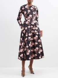 EMILIA WICKSTEAD Annie rose-print taffeta-faille midi dress / black and pink floral long sleeved fit and flare dresses