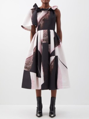 ALEXANDER MCQUEEN Asymmetric brushstroke-print faille gown ~ one sleeve fit and flare dresses