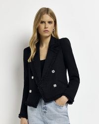 RIVER ISLAND BLACK BOUCLE JACKET ~ women’s chic tweed style frayed edge jackets ~ embellished button detail