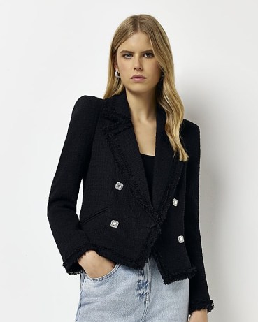 RIVER ISLAND BLACK BOUCLE JACKET ~ women’s chic tweed style frayed edge jackets ~ embellished button detail - flipped