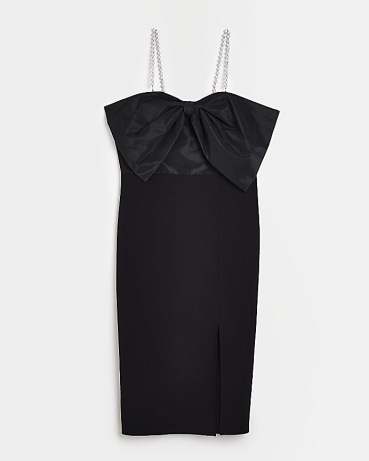 River Island BLACK BOW DETAIL BODYCON MIDI DRESS | glamorous LBD | women’s party fashion with oversized bows | evening glamour | vintage style occasion galmour