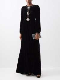 SALONI Camille crystal-moon cutout velvet gown in black – long sleevd gowns with celestial inspired embellishments