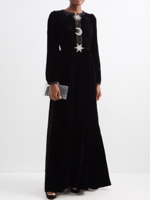 SALONI Camille crystal-moon cutout velvet gown in black – long sleevd gowns with celestial inspired embellishments - flipped