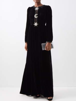 SALONI Camille crystal-moon cutout velvet gown in black – long sleevd gowns with celestial inspired embellishments