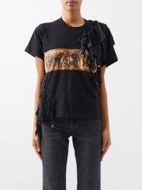 CONNER IVES Chariot-print upcycled-cotton T-shirt in black / luxe printed tee / women’s short sleeve tasselled detail T-shints