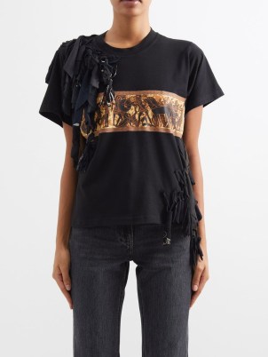 CONNER IVES Chariot-print upcycled-cotton T-shirt in black / luxe printed tee / women’s short sleeve tasselled detail T-shints - flipped