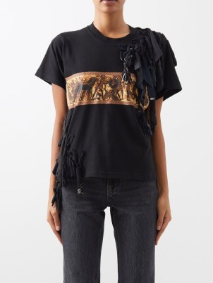 CONNER IVES Chariot-print upcycled-cotton T-shirt in black / luxe printed tee / women’s short sleeve tasselled detail T-shints
