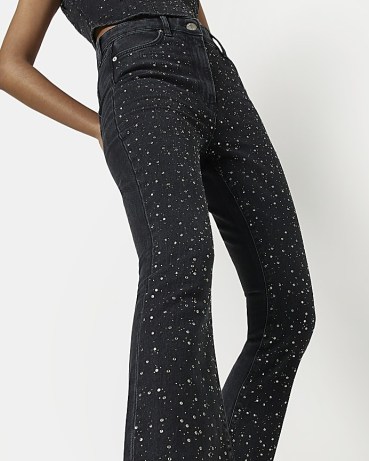 River Island BLACK CROPPED HIGH WAISTED FLARED JEANS | women’s embellished front denim flares - flipped