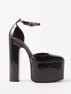 VALENTINO GARAVANI Discobox 180 leather platform pumps in black / glossy ankle strap platforms / glamorous retro shoes / high block heels / 70s style disco footwear - flipped