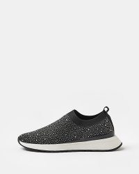 River Island BLACK EMBELLISHED RUNNER TRAINERS | women’s knit fabric slip on trainer | casual glam sports style shoes