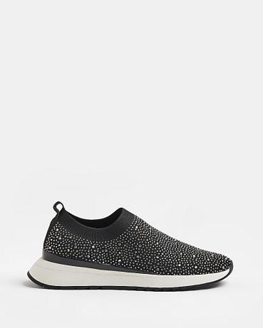 River Island BLACK EMBELLISHED RUNNER TRAINERS | women’s knit fabric slip on trainer | casual glam sports style shoes - flipped