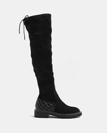 RIVER ISLAND BLACK EXTRA WIDE FIT KNEE HIGH BOOTS / women’s faux suede quilted panel long boot - flipped