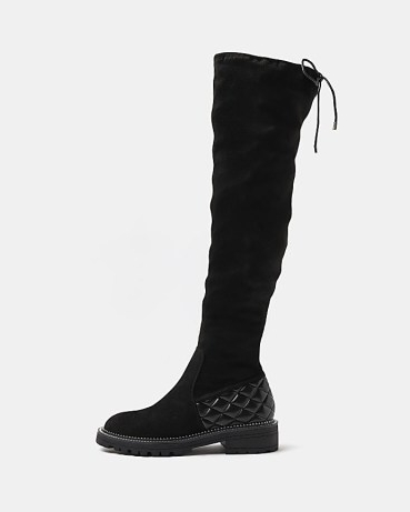RIVER ISLAND BLACK EXTRA WIDE FIT KNEE HIGH BOOTS / women’s faux suede quilted panel long boot
